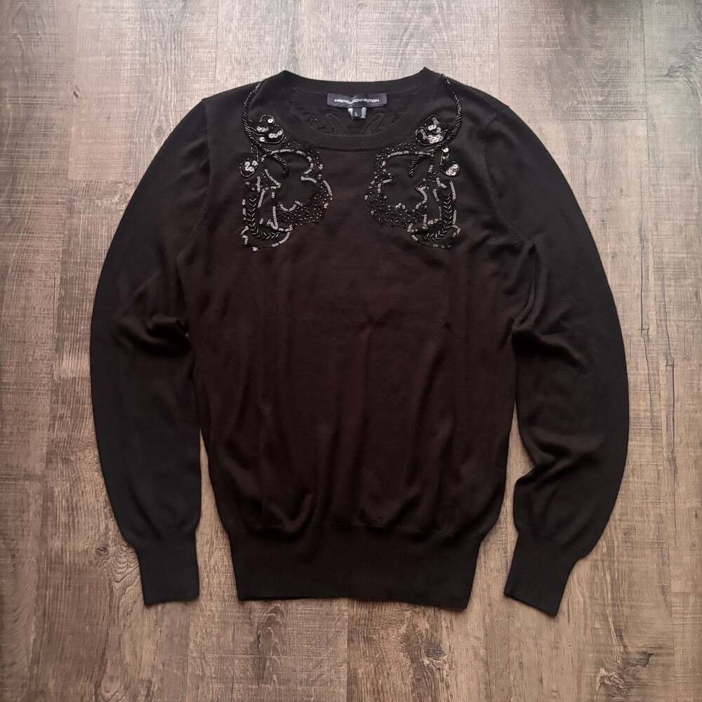 French Connection Black Beaded and Sequin Embellished Long Sleeve Sweater Size L